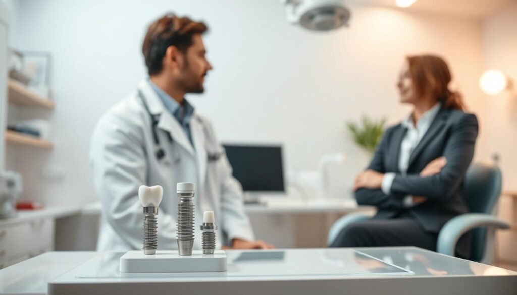 A serene dental clinic environment showcasing the relationship between dental implants and smoking cessation. In the foreground, a dentist in a white coat, confidently discussing with a patient who is dressed in business casual attire. The middle layer features a dental implant model on a table, alongside a "no smoking" symbol prominently displayed. The background is softly blurred, revealing a well-equipped dental office with warm lighting that creates a calming atmosphere. The color palette is soothing with light blues and whites, promoting health and wellness. The angle of the composition captures the interaction between the dentist and patient, emphasizing the importance of quitting smoking for successful dental procedures.