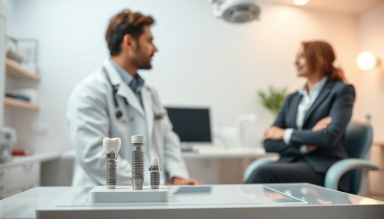 A serene dental clinic environment showcasing the relationship between dental implants and smoking cessation. In the foreground, a dentist in a white coat, confidently discussing with a patient who is dressed in business casual attire. The middle layer features a dental implant model on a table, alongside a "no smoking" symbol prominently displayed. The background is softly blurred, revealing a well-equipped dental office with warm lighting that creates a calming atmosphere. The color palette is soothing with light blues and whites, promoting health and wellness. The angle of the composition captures the interaction between the dentist and patient, emphasizing the importance of quitting smoking for successful dental procedures.