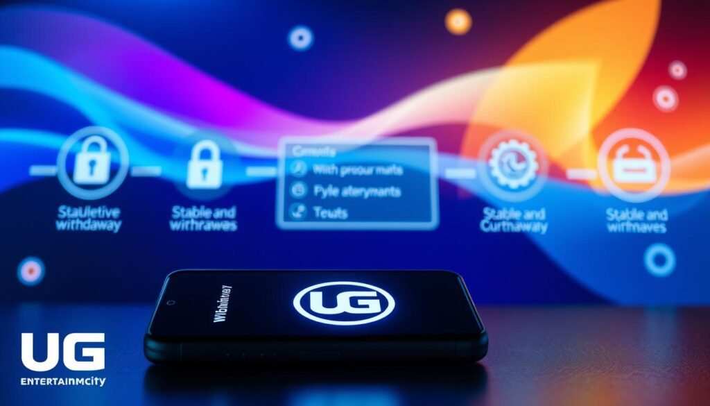 A sleek, modern digital interface displaying the withdrawal process of UG Entertainment City, showcasing clear, user-friendly steps. In the foreground, a glowing smartphone with the UG logo prominently featured, surrounded by icons representing security and reliability, such as a padlock and a checkmark. The middle section displays a seamless user interface design, with clean lines and an intuitive layout, highlighting the benefits of stable and trustworthy withdrawals. The background features soft, vibrant colors symbolizing trust and professionalism, with abstract shapes suggesting digital connections. The lighting is bright and inviting, creating a sense of confidence and clarity, emphasizing the atmosphere of reliability and player satisfaction.