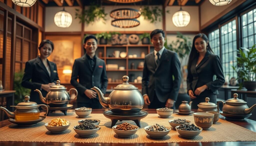 A cozy and inviting tea service setting, showcasing the unique characteristics of 定點茶. In the foreground, an elegant tea table adorned with delicate teapots and an array of colorful teas, surrounded by skilled servers dressed in professional business attire. In the middle, a warm and welcoming atmosphere with soft, diffused lighting that highlights the textures of the tea leaves and the intricate designs of the teapots. The background features a charming tea shop with bamboo decor and lush greenery, creating a natural and serene ambiance. The scene captures a sense of trust and quality in service, evoking a cinematic mood for a warm, intimate experience. Aspect ratio 4:3.