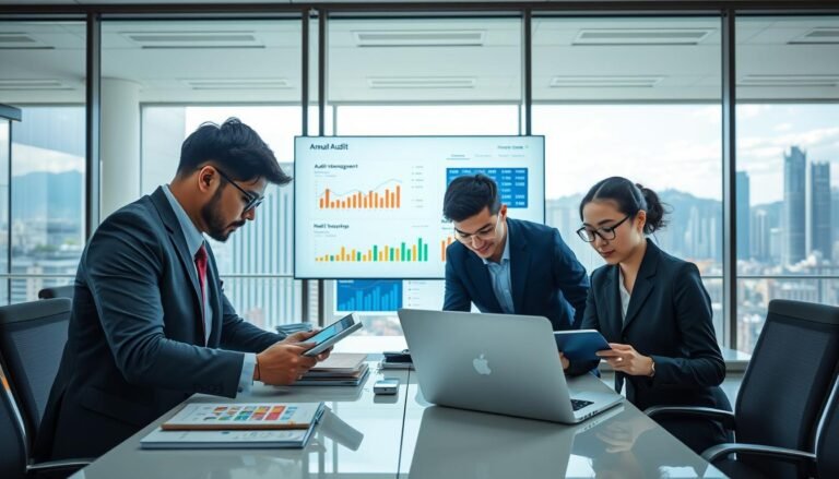 A modern office environment showcasing a cloud-based secretary service in action during an annual audit. In the foreground, a diverse professional team, comprised of two businesspeople in smart attire—one male and one female—collaborating intensely over digital tablets and laptops, highlighting efficiency and teamwork. The middle ground features a large screen displaying colorful graphs and data charts related to audit management and company financials, emphasizing analytical work. In the background, glass windows show a panoramic view of a bustling Hong Kong skyline under bright daylight, symbolizing opportunity and growth. The lighting is bright and focused, creating a clean and productive atmosphere. The overall mood conveys professionalism, collaboration, and the advancement of technology in business management.