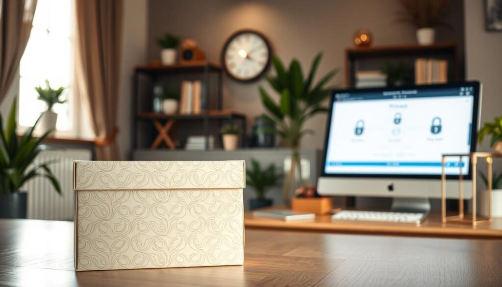 A serene and discreet shopping environment focused on privacy. In the foreground, a stylish, closed box with a subtle pattern symbolizing confidentiality and security. The middle ground features a tasteful shopping setup with a computer showing a secure online purchase interface, including icons of privacy protection. In the background, soft lighting creates a warm and inviting atmosphere, with muted colors that evoke trust and calmness. The scene is styled like a modern home office, with potted plants and elegant décor suggesting a personal touch. This image captures the essence of ensuring privacy when purchasing sensitive items online, emphasizing a safe and low-profile approach.