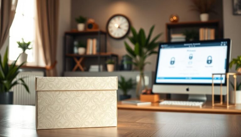 A serene and discreet shopping environment focused on privacy. In the foreground, a stylish, closed box with a subtle pattern symbolizing confidentiality and security. The middle ground features a tasteful shopping setup with a computer showing a secure online purchase interface, including icons of privacy protection. In the background, soft lighting creates a warm and inviting atmosphere, with muted colors that evoke trust and calmness. The scene is styled like a modern home office, with potted plants and elegant décor suggesting a personal touch. This image captures the essence of ensuring privacy when purchasing sensitive items online, emphasizing a safe and low-profile approach.