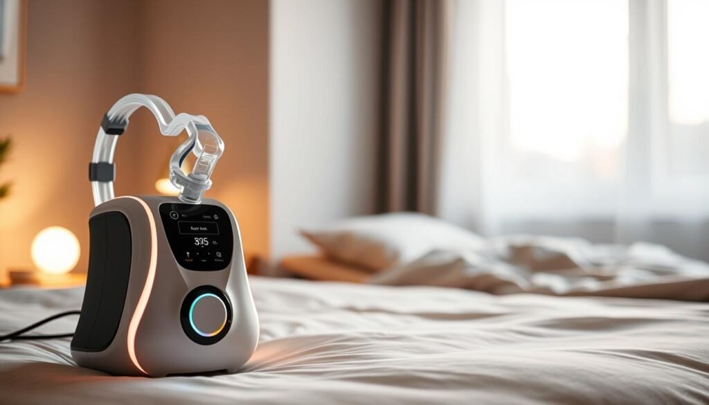 A sleek and modern sleep apnea machine is prominently displayed in the foreground, showcasing its sophisticated design with soft curves and an illuminated interface. In the middle ground, a cozy bedroom setting features a neatly made bed with soothing, neutral-toned bedding, and a bedside table with a gentle night lamp casting a warm glow. The background contains a softly blurred window, allowing the gentle light of dawn to filter in, creating a peaceful atmosphere. Focus on high-resolution details, with a slight depth of field effect that highlights the machine while keeping the room inviting. The overall mood is calm and reassuring, emphasizing the importance of sleep health and comfort.