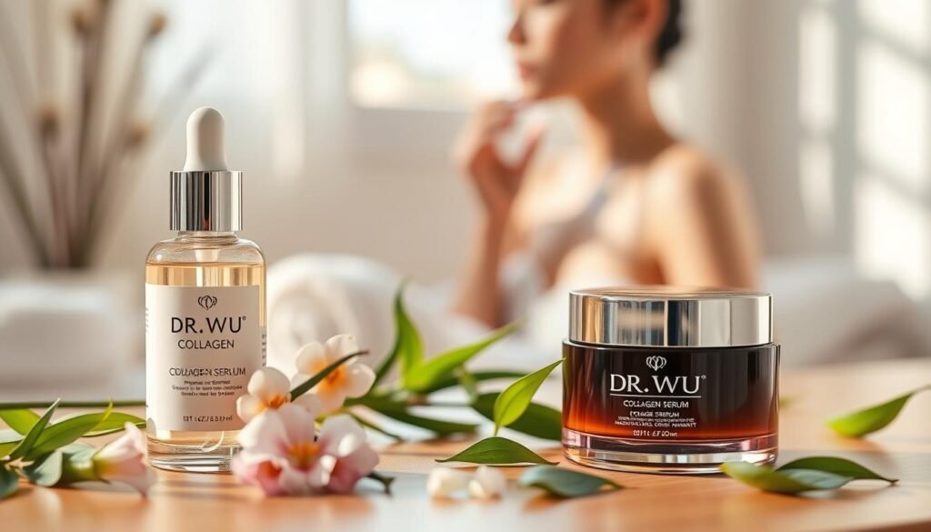 A visually appealing display of DR.WU collagen products designed for dry skin nourishment. In the foreground, elegant bottles of collagen serum and cream, their labels clearly visible but without text, surrounded by delicate ingredients like hyaluronic acid, aloe vera, and green tea leaves. The middle ground features a soft-focus skincare routine with a hand applying a serum delicately to the skin. The background is a serene, spa-like setting with calming pastel colors and subtle light filtering through a window, creating a warm and inviting atmosphere. The lighting is soft, highlighting the textures of the products and creating a sense of luxury and care. Overall, the mood is tranquil and rejuvenating, appealing to viewers seeking effective skincare solutions.