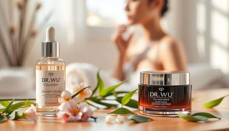 A visually appealing display of DR.WU collagen products designed for dry skin nourishment. In the foreground, elegant bottles of collagen serum and cream, their labels clearly visible but without text, surrounded by delicate ingredients like hyaluronic acid, aloe vera, and green tea leaves. The middle ground features a soft-focus skincare routine with a hand applying a serum delicately to the skin. The background is a serene, spa-like setting with calming pastel colors and subtle light filtering through a window, creating a warm and inviting atmosphere. The lighting is soft, highlighting the textures of the products and creating a sense of luxury and care. Overall, the mood is tranquil and rejuvenating, appealing to viewers seeking effective skincare solutions.