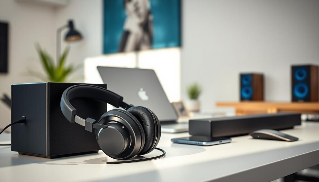 A modern home office setting featuring high-quality headphones and audio equipment prominently displayed on a sleek desk. In the foreground, a pair of premium headphones rests next to a stylish soundbar, emphasizing their design and craftsmanship. In the middle background, a laptop and smartphone are connected to the audio gear, symbolizing connectivity and modern technology. Soft, natural light floods the room, casting gentle shadows and creating a warm atmosphere. The overall color palette consists of neutral tones with hints of blue accents, providing a professional and inviting feel. The focus is sharp on the equipment, while the background is slightly blurred to highlight the products. The scene conveys a sense of reliability and sophistication, ideal for illustrating international warranty aspects.