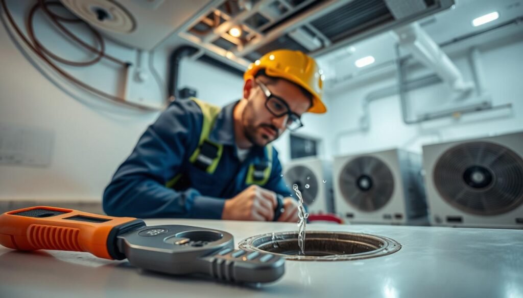 A professional air conditioning technician in safety gear is inspecting a complex drainage system under a residential air conditioning unit. In the foreground, tools like a wrench and flashlight rest on a clean surface. The middle ground features the technician, focused on clearing a blocked drain with clear water flowing through pipes, highlighting the importance of cleaning for efficient air conditioning function. The background consists of a well-lit, organized mechanical room showcasing other air conditioning units, with soft, diffused lighting creating a clean and professional atmosphere. The image should convey a sense of diligent maintenance and technical proficiency, emphasizing the relationship between drainage and air conditioning performance.