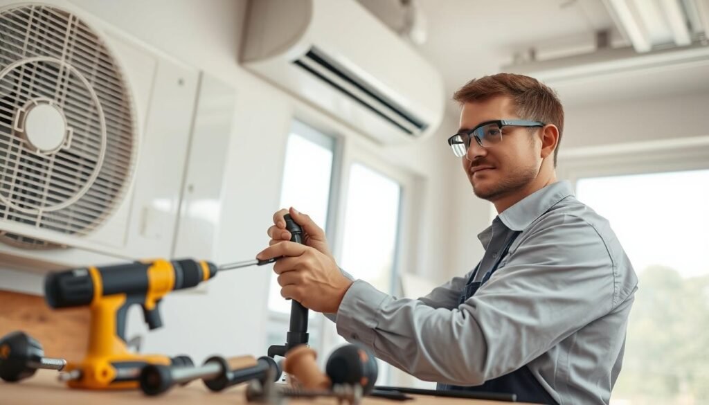 A professional-looking technician, wearing a clean uniform and safety goggles, is installing a modern air conditioner unit in a well-lit room. The foreground shows tools neatly organized on a workbench, including a drill and screws. In the middle of the scene, the technician is carefully connecting refrigerant lines, with focus on his precise hand movements. Background elements include an open window allowing natural light to illuminate the space, and a partially completed installation of the air conditioning unit. The atmosphere feels industrious and efficient, highlighting the importance of proper air conditioning installation and maintenance. The lighting is bright and even, casting minimal shadows to emphasize the work being done. No text or branding is present.