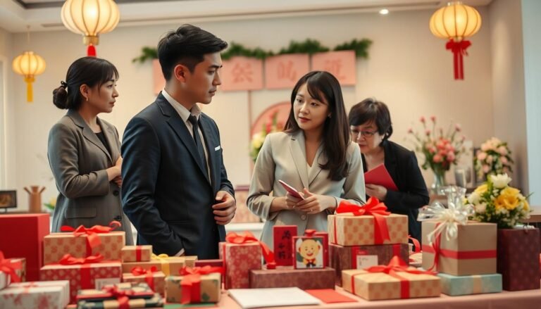 A beautiful and informative scene illustrating "Taiwan's betrothal gifts market." In the foreground, a table adorned with traditional Taiwanese betrothal gifts, featuring colorful and beautifully wrapped packages, symbolic items, and red envelopes, representing the cultural significance of these gifts. In the middle ground, a couple in modest business attire, looking contemplative as they discuss the gifts and their meanings, surrounded by family members providing advice, creating a supportive atmosphere. In the background, a softly lit indoor setting with decorative lanterns and floral arrangements, evoking a warm and inviting feeling, signifying the importance of tradition in wedding planning. Use soft lighting to enhance the emotional depth, shot at a slight angle to capture the interactions and details.