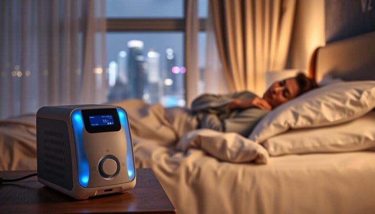 A peaceful bedroom scene featuring a sleep apnea machine prominently placed on a bedside table. In the foreground, the machine is sleek and modern, with soft blue LED lights reflecting a calming atmosphere. In the middle ground, a relaxed individual, dressed in comfortable yet modest sleepwear, sleeps soundly on a well-made bed with plush pillows. The background is softly lit, creating a serene ambiance with gentle shadows and pastel colors. A window reveals a nighttime cityscape of Hong Kong, with faint lights glimmering in the distance. The overall mood is tranquil and restorative, emphasizing how the sleep apnea machine improves sleep quality, highlighting its role in enhancing well-being.